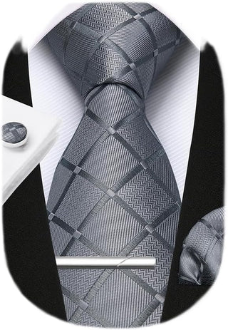 Plaid Ties for Men Classic Checkered Tie and Pocket Square Cufflinks Tie Clip Set