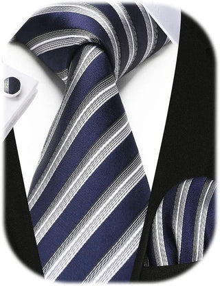 Men's Ties Set Stripe Plaid Ties for Men and Pocket Square Cufflinks Formal Silk Necktie