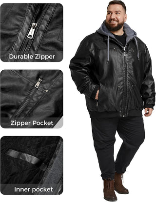 Men'S Big and Tall PU Faux Leather Jacket Zip-Up Motorcycle Bomer Jacket Casual Winter Coat with Removable Hood