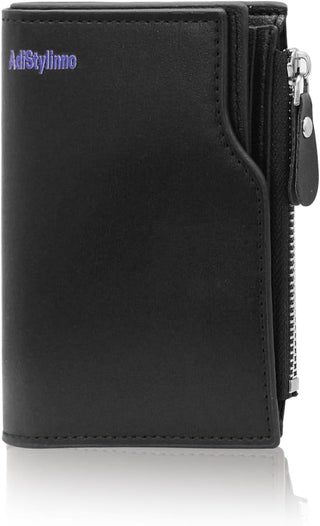 Wallet for Men, Minimalist Leather Trifold Wallet Credit Card Holder Wallet with ID Window Zipper and Coin Pocket (Black)