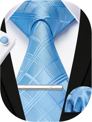 Plaid Ties for Men Classic Checkered Tie and Pocket Square Cufflinks Tie Clip Set