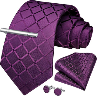 Plaid Ties for Men Classic Checkered Tie and Pocket Square Cufflinks Tie Clip Set