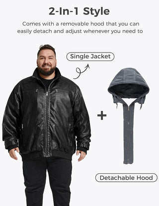 Men'S Big and Tall PU Faux Leather Jacket Zip-Up Motorcycle Bomer Jacket Casual Winter Coat with Removable Hood