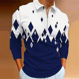 Geometry Big Men's 3D Print Zip Polo Casual Daily Long Sleeve Turndown Zip Polo Shirts