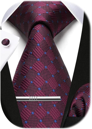 Plaid Ties for Men Classic Checkered Tie and Pocket Square Cufflinks Tie Clip Set