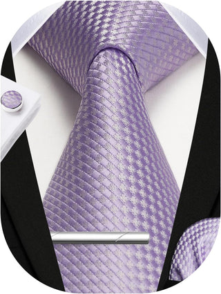 Plaid Ties for Men Classic Checkered Tie and Pocket Square Cufflinks Tie Clip Set