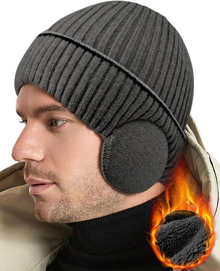 Mens Winter Fleece Line Beanie Knit Hats with Ear Flaps