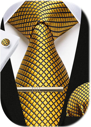 Plaid Ties for Men Classic Checkered Tie and Pocket Square Cufflinks Tie Clip Set