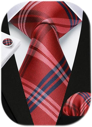 Men's Ties Set Stripe Plaid Ties for Men and Pocket Square Cufflinks Formal Silk Necktie