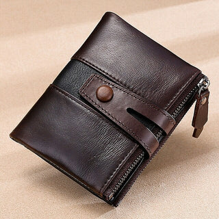 Men's Cowhide Leather Zipper Wallet RFID Blocking ID Card Holder