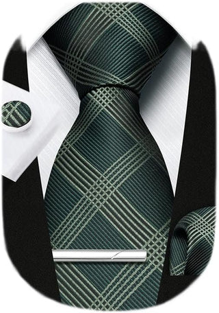 Plaid Ties for Men Classic Checkered Tie and Pocket Square Cufflinks Tie Clip Set