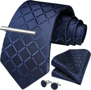 Plaid Ties for Men Classic Checkered Tie and Pocket Square Cufflinks Tie Clip Set