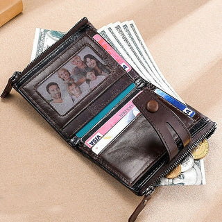 Men's Cowhide Leather Zipper Wallet RFID Blocking ID Card Holder