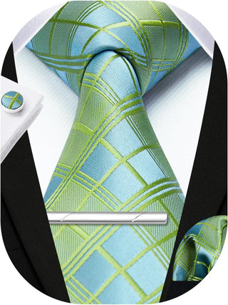 Plaid Ties for Men Classic Checkered Tie and Pocket Square Cufflinks Tie Clip Set