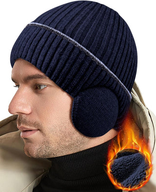 Mens Winter Fleece Line Beanie Knit Hats with Ear Flaps