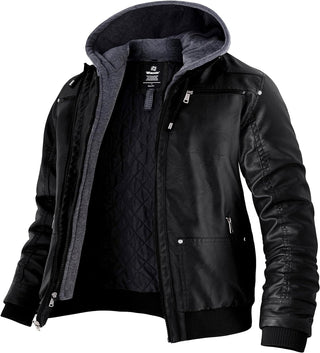 Men'S Big and Tall PU Faux Leather Jacket Zip-Up Motorcycle Bomer Jacket Casual Winter Coat with Removable Hood