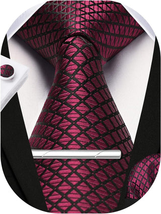 Plaid Ties for Men Classic Checkered Tie and Pocket Square Cufflinks Tie Clip Set