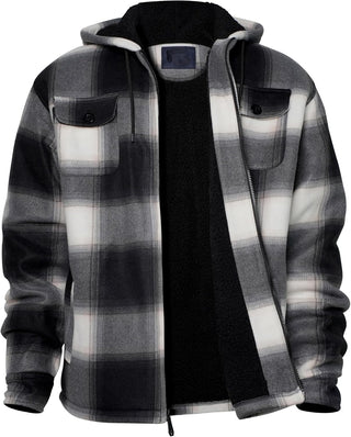 Big Men Heavy Thick Flannel Plaid Jacket Sherpa Fleece has hoodie