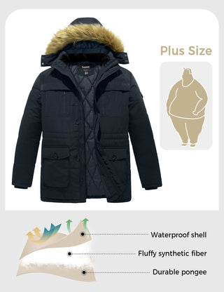 Men's Big and Tall Winter Thicken Cotton Quilted Coat with Faux-Fur Hood 