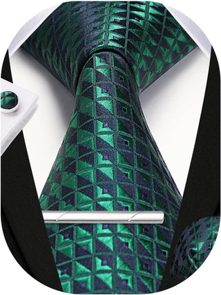 Plaid Ties for Men Classic Checkered Tie and Pocket Square Cufflinks Tie Clip Set