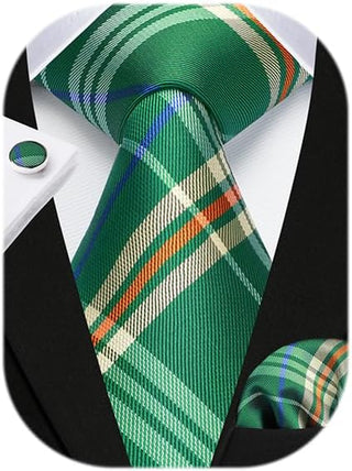 Men's Ties Set Stripe Plaid Ties for Men and Pocket Square Cufflinks Formal Silk Necktie