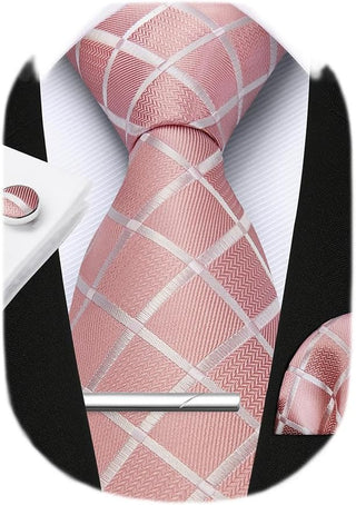 Plaid Ties for Men Classic Checkered Tie and Pocket Square Cufflinks Tie Clip Set