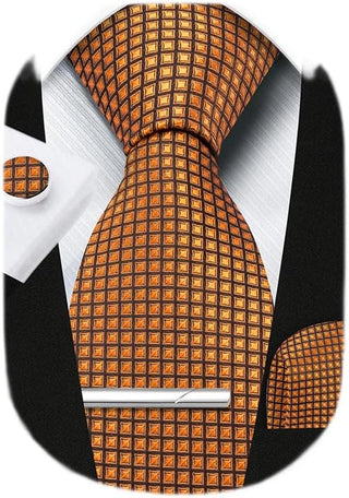 Plaid Ties for Men Classic Checkered Tie and Pocket Square Cufflinks Tie Clip Set