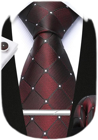 Plaid Ties for Men Classic Checkered Tie and Pocket Square Cufflinks Tie Clip Set