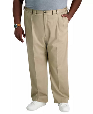 Men'S Big & Tall Premium No Iron Khaki Classic-Fit Pleated Hidden Expandable Waistband Pants