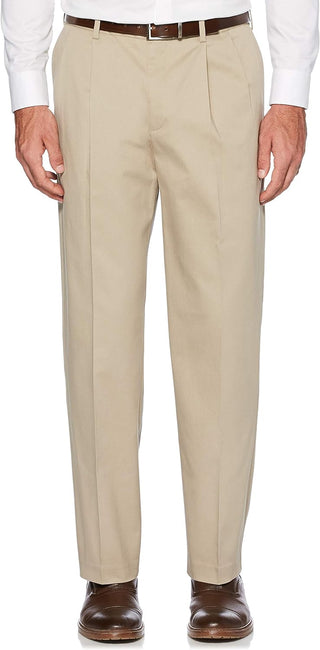 Big Men's Pleated Chino Pants; Plus Sized with Expandable Waistband