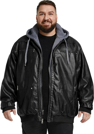 Men'S Big and Tall PU Faux Leather Jacket Zip-Up Motorcycle Bomer Jacket Casual Winter Coat with Removable Hood