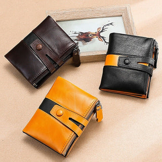 Men's Cowhide Leather Zipper Wallet RFID Blocking ID Card Holder