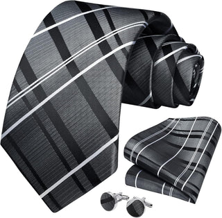 Men's Ties Set Stripe Plaid Ties for Men and Pocket Square Cufflinks Formal Silk Necktie