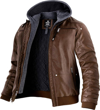 Men'S Big and Tall PU Faux Leather Jacket Zip-Up Motorcycle Bomer Jacket Casual Winter Coat with Removable Hood