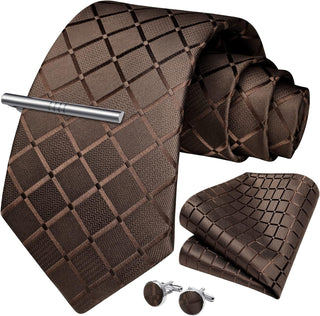 Plaid Ties for Men Classic Checkered Tie and Pocket Square Cufflinks Tie Clip Set