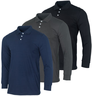 3 Pack Big Men's Cotton Jersey Long-Sleeve Polo Shirt - Casual Workwear Office (Available in Big & Tall)