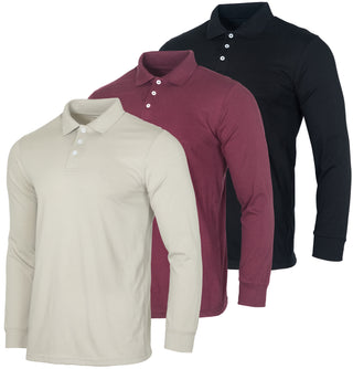 3 Pack Big Men's Cotton Jersey Long-Sleeve Polo Shirt - Casual Workwear Office (Available in Big & Tall)