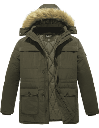 Men's Big and Tall Winter Thicken Cotton Quilted Coat with Faux-Fur Hood 