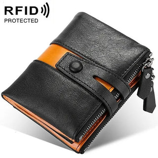 Men's Cowhide Leather Zipper Wallet RFID Blocking ID Card Holder