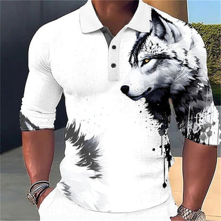 Wolf Big Men's  Abstract 3D Print Outdoor Casual Daily Streetwear  Long Sleeve Turndown Polo Shirts