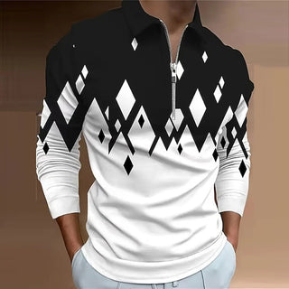 Geometry Big Men's 3D Print Zip Polo Casual Daily Long Sleeve Turndown Zip Polo Shirts