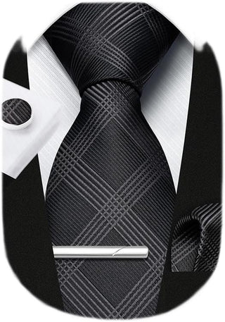 Plaid Ties for Men Classic Checkered Tie and Pocket Square Cufflinks Tie Clip Set