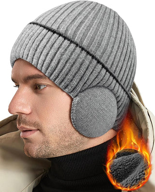 Mens Winter Fleece Line Beanie Knit Hats with Ear Flaps