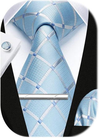 Plaid Ties for Men Classic Checkered Tie and Pocket Square Cufflinks Tie Clip Set