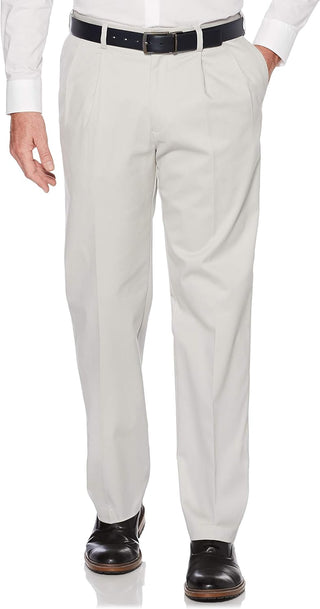 Big Men's Pleated Chino Pants; Plus Sized with Expandable Waistband