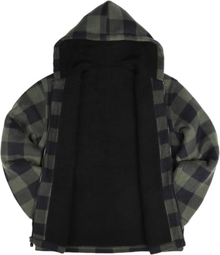 Big Men Heavy Thick Flannel Plaid Jacket Sherpa Fleece has hoodie