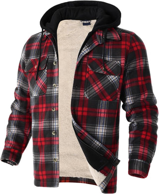 Big Men Heavy Thick Flannel Plaid Jacket Sherpa Fleece has hoodie