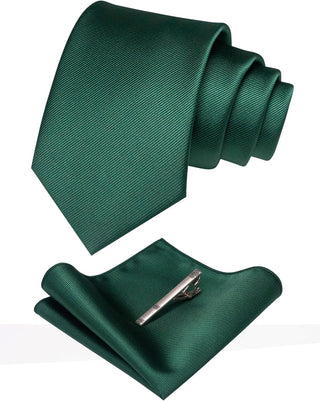 Solid Color Formal Necktie and Pocket Square Tie Clip Sets for Men