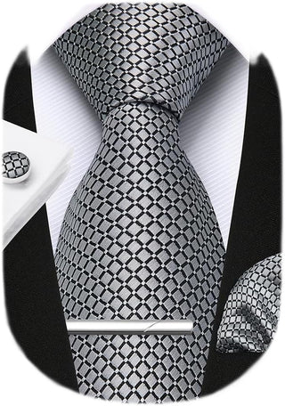 Plaid Ties for Men Classic Checkered Tie and Pocket Square Cufflinks Tie Clip Set