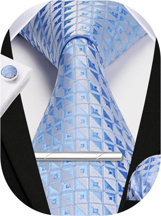 Plaid Ties for Men Classic Checkered Tie and Pocket Square Cufflinks Tie Clip Set